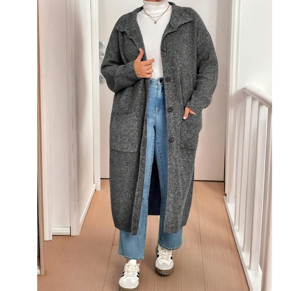 Plus Cozy Solid Button Down High Neck Pockets Oversized Cardigan - Picture 2 of 5